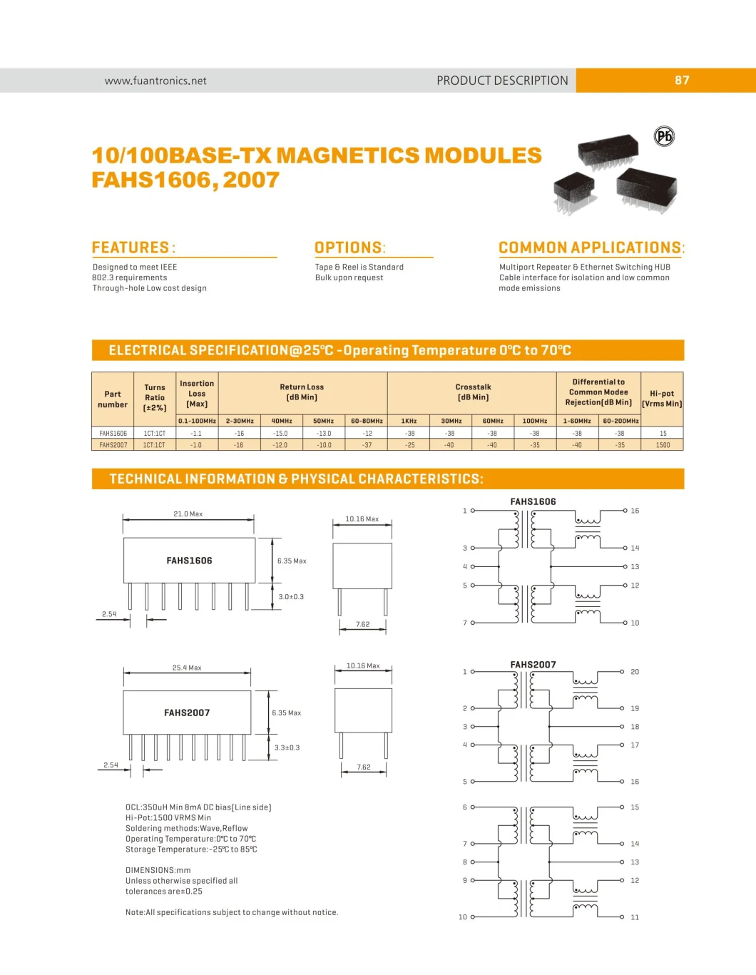 Multiport Repeater/Ethernet Switching Hub and Other Multi-Purpose Through-Hole LAN Transformer with CE/UL