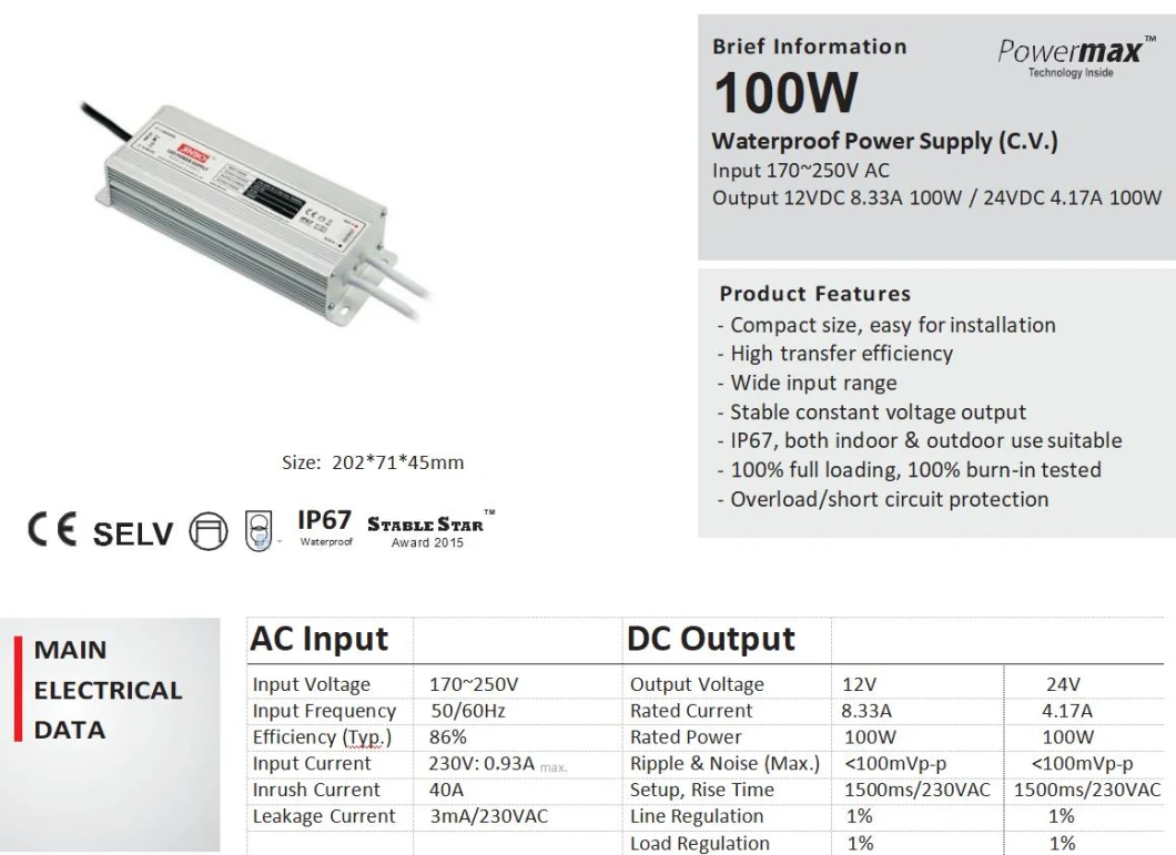 Waterproof LED Neon Input 170V-250V to Output 12V/24V Switching Transformer